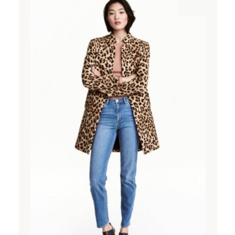 H&M Leopard Print Coat Woman's Open Front Long Sleeve 100% Cotton